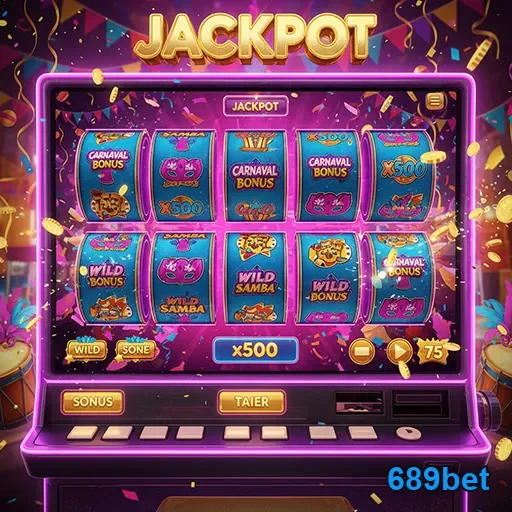 Imagem de uma máquina caça-níqueis com jackpot no 689bet, mostrando os rolos e luzes brilhantes.